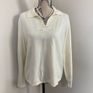 Parisian Women’s Cream Collared Embroidered Long Sleeve Knit Sweater Pullover